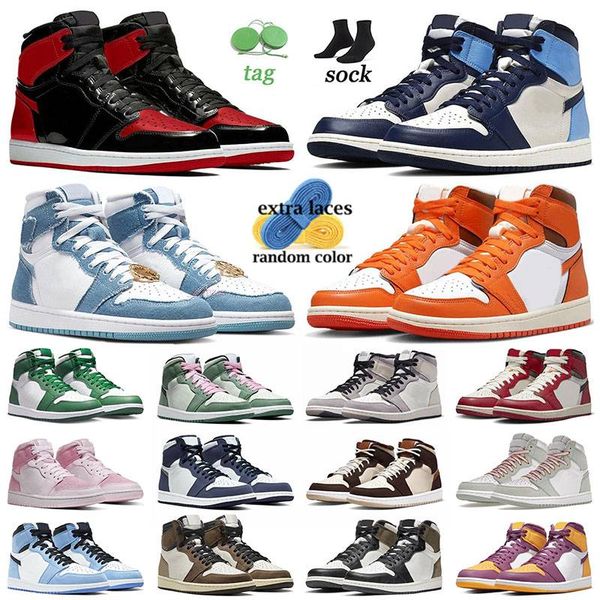 jumpman 1 s patent bred basketball shoes j1 designer sneaker retro high og starfish 1s obsidian true blue denim chicago mids gorge green cac, Black